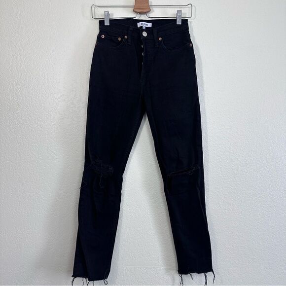 Re/Done 90’s High Rise Ankle Crop in Jet Black with Rips Size 25 - Picture 3 of 12